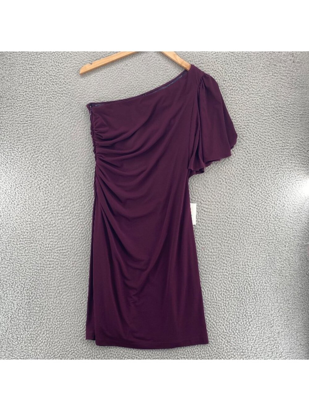 Calvin Klein Dress Womens 8 Purple One Shoulder Flutter Sleeve Ruched Knit NWT